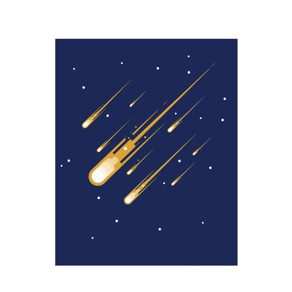 Golden meteors streaking through dark night sky in minimal art vector