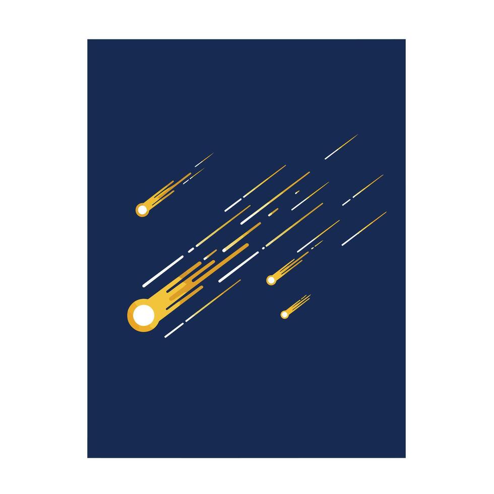 Golden shooting stars streaking across a dark night sky in flat art vector
