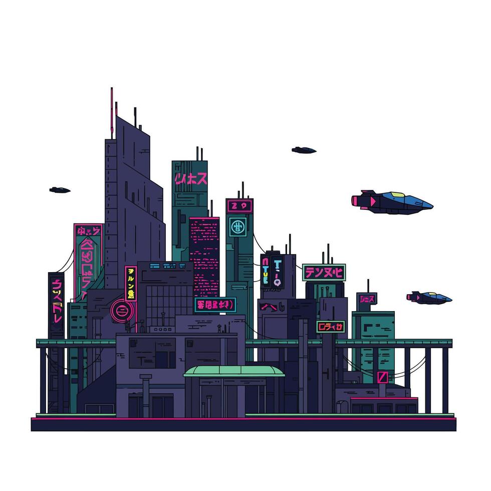 Futuristic cityscape with neon lights in a detailed illustration vector