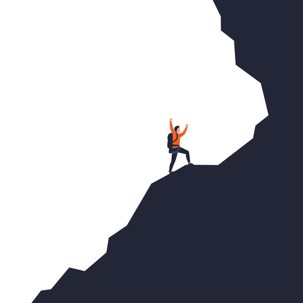 Climber reaching summit with orange gear in flat art vector