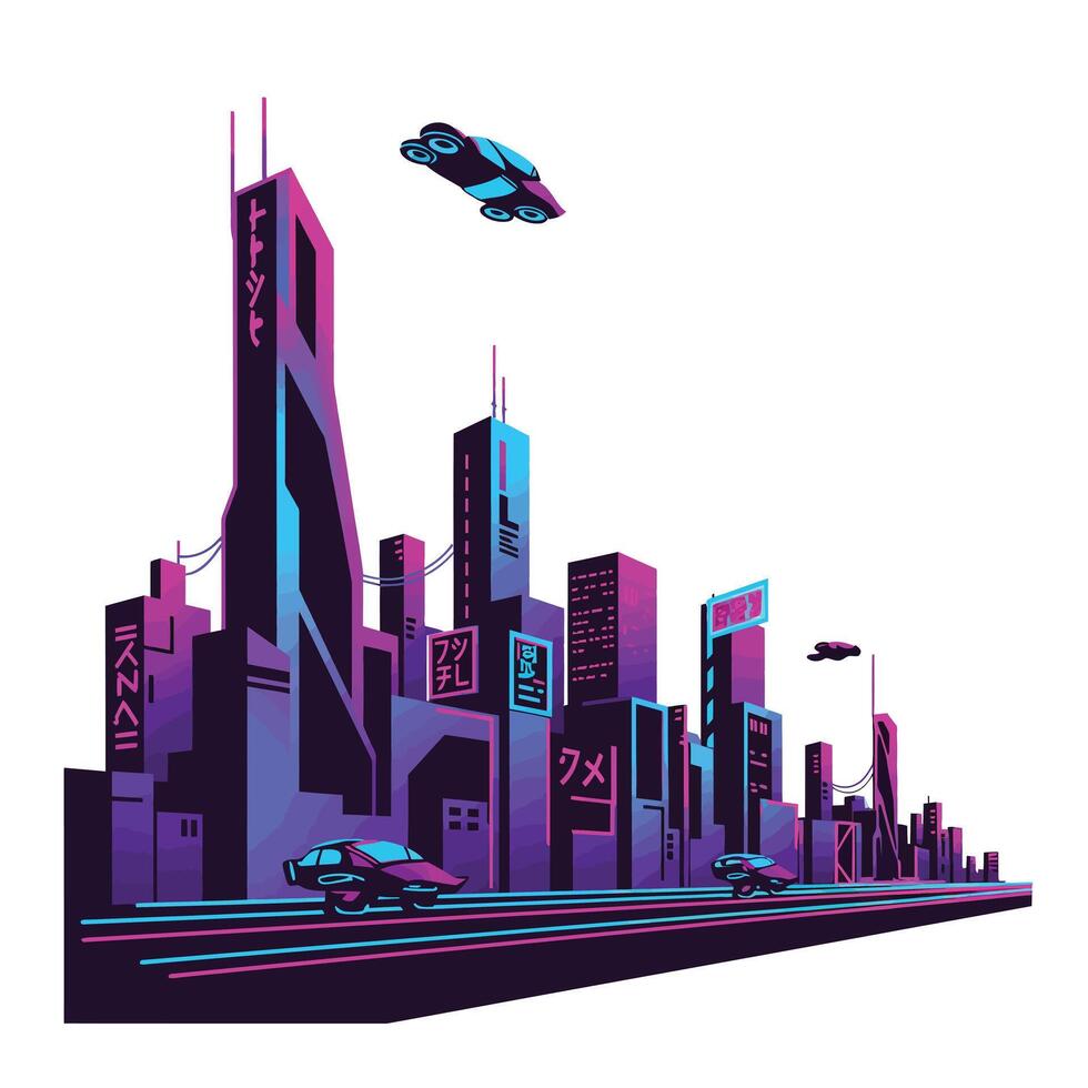Futuristic cityscape with flying cars in bold colors and flat design art vector