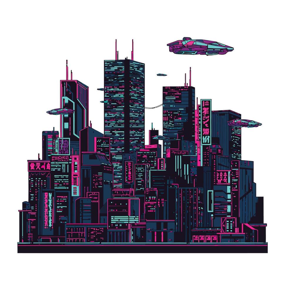 Futuristic cityscape with neon colors in detailed art style illustration vector