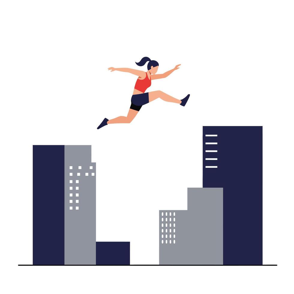 Athlete leaping between buildings in a dynamic flat illustration vector