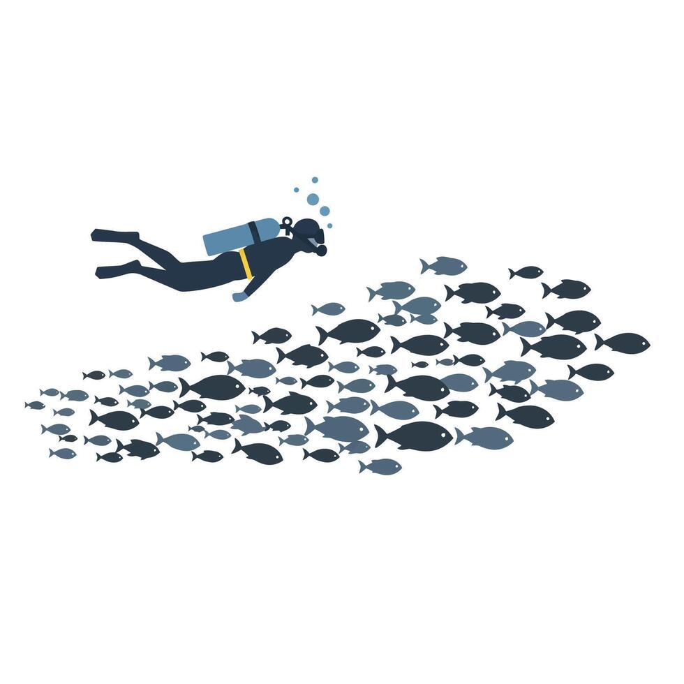 Diver exploring underwater scene with schools of fish in flat art vector