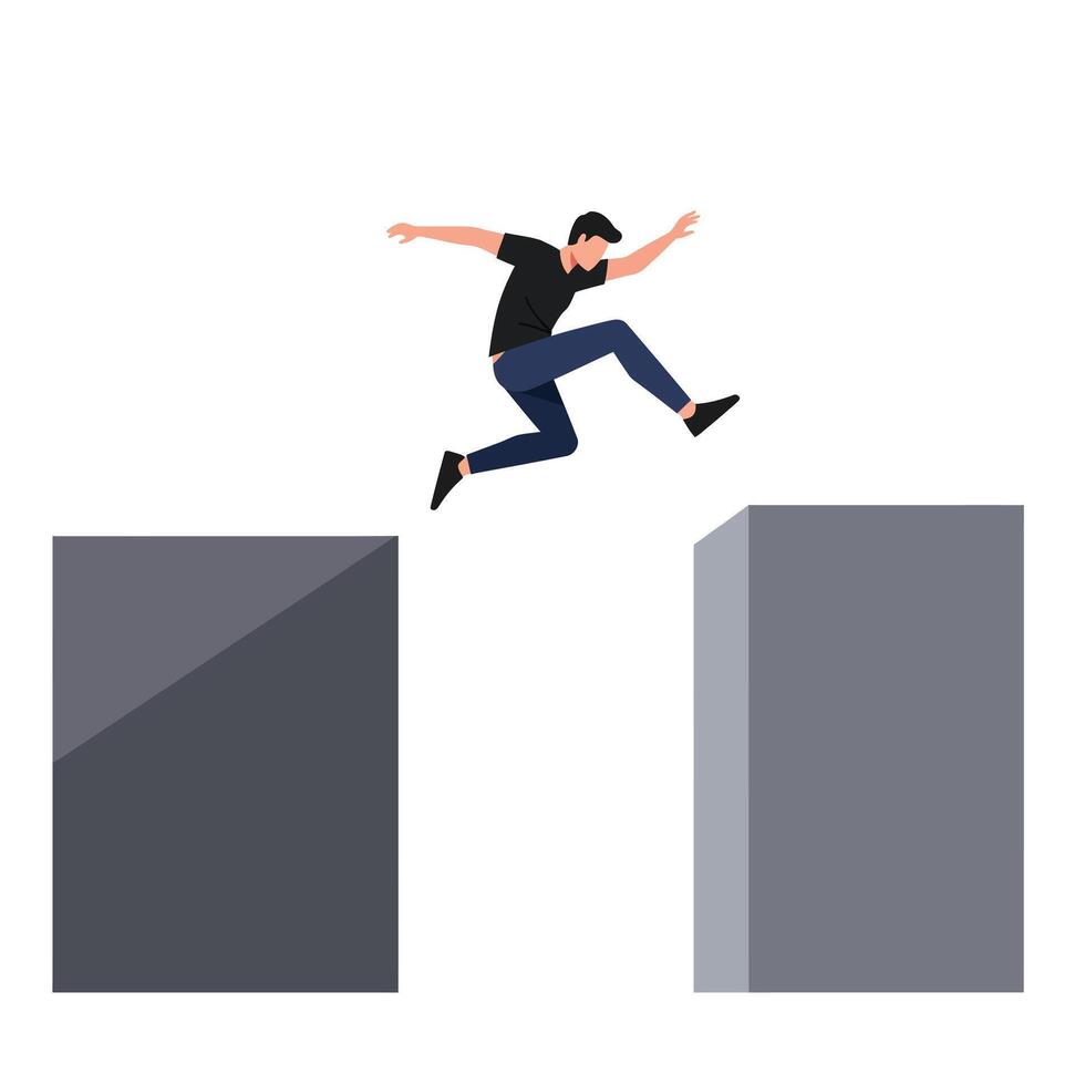 Person jumping across two blocks in minimal flat design art vector