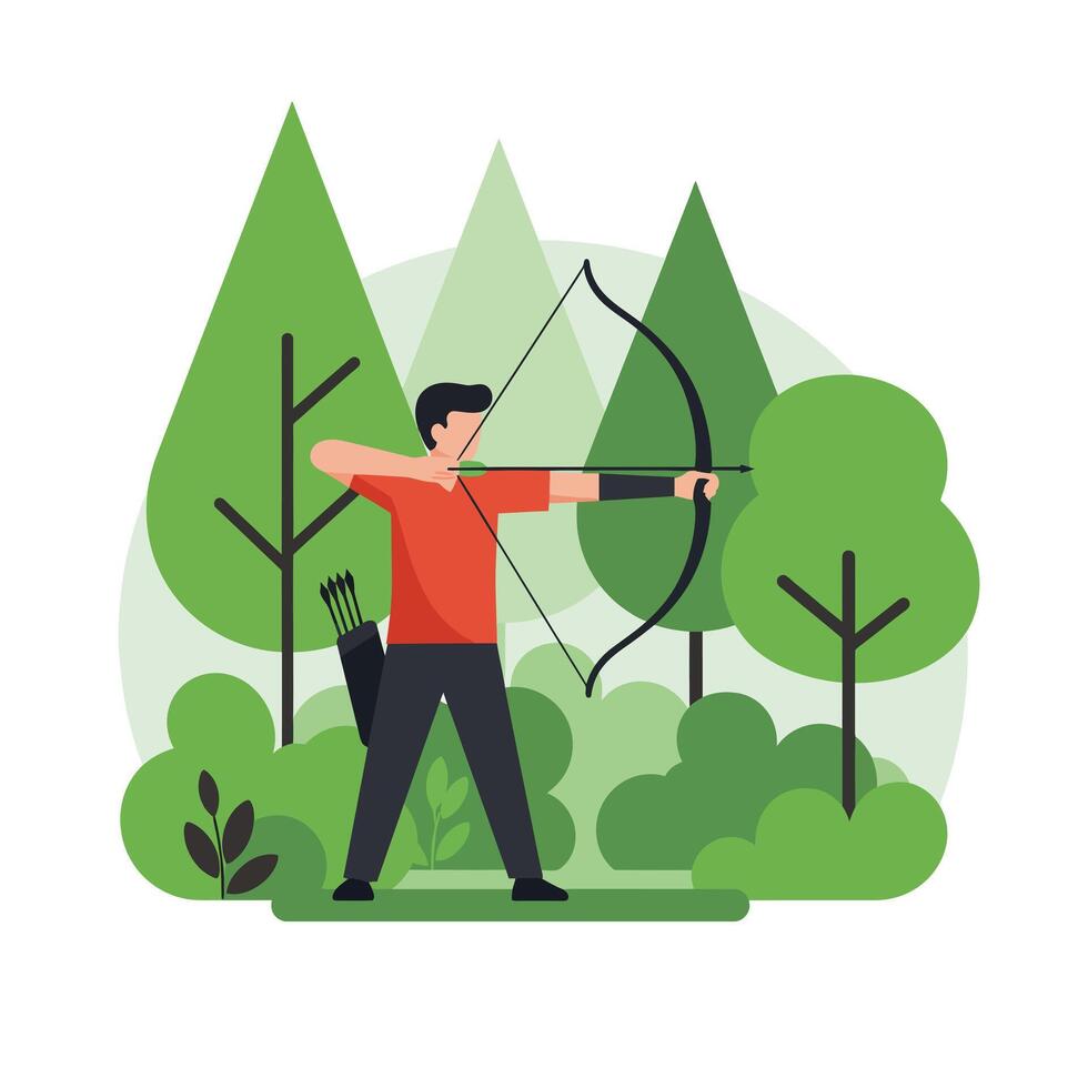 Archer aiming at a target in a lush forest, flat illustration vector