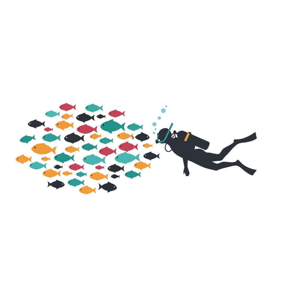 Diver Exploring Colorful Fish School in Minimal Flat Design Art vector