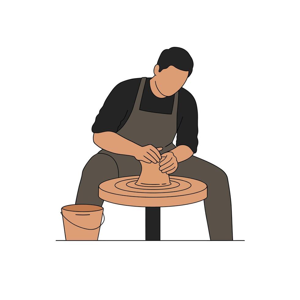 A Potter shaping clay on a wheel in flat art style vector