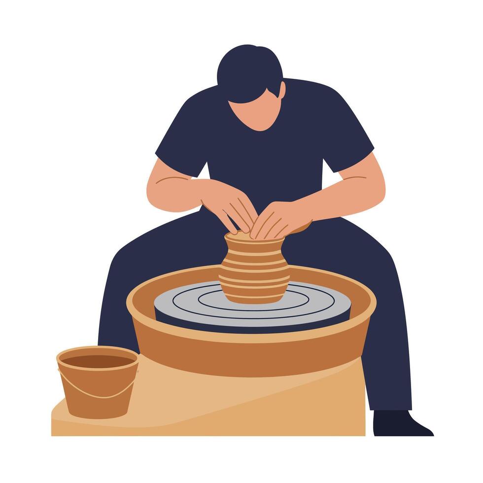 Potter shaping clay on wheel in flat art style vector