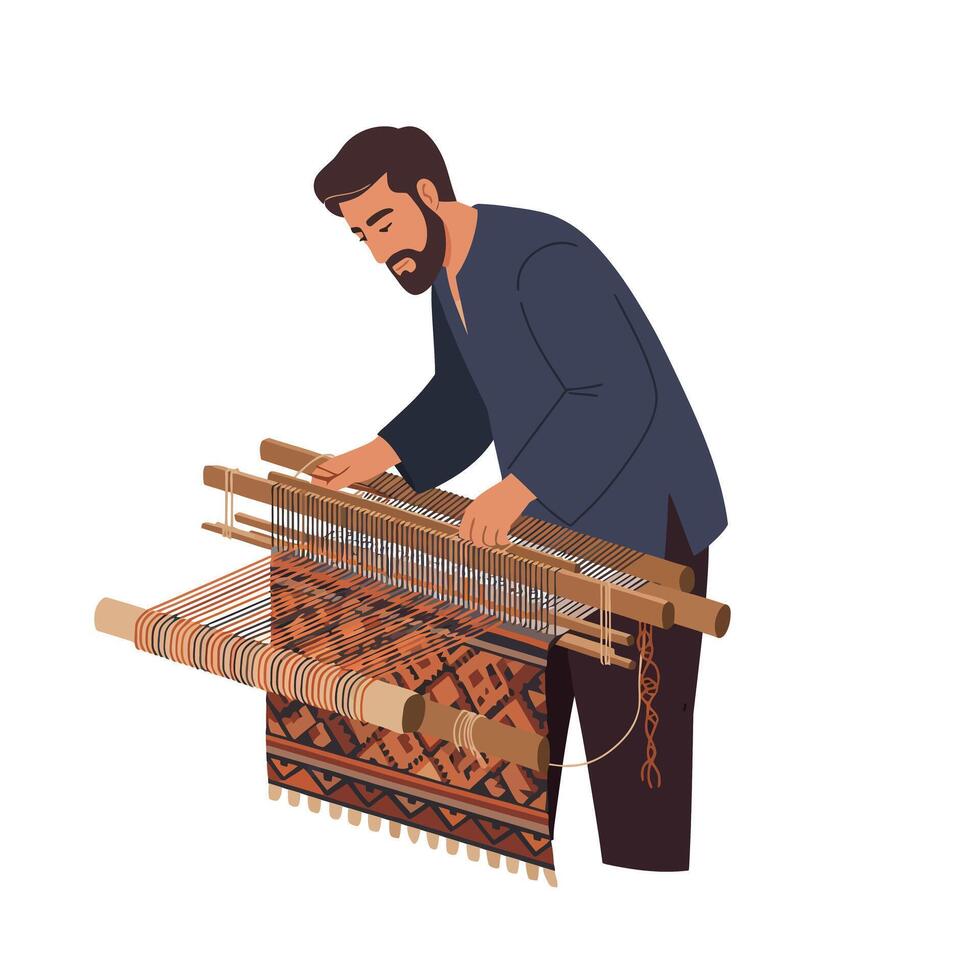 Weaver creating intricate textile patterns in flat art style vector