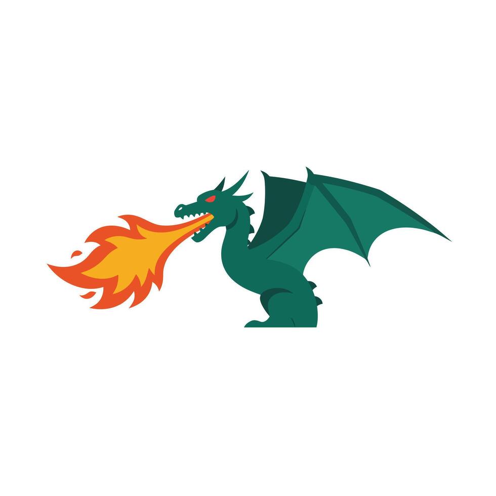 Green dragon breathing fire in a flat, minimal style illustration vector