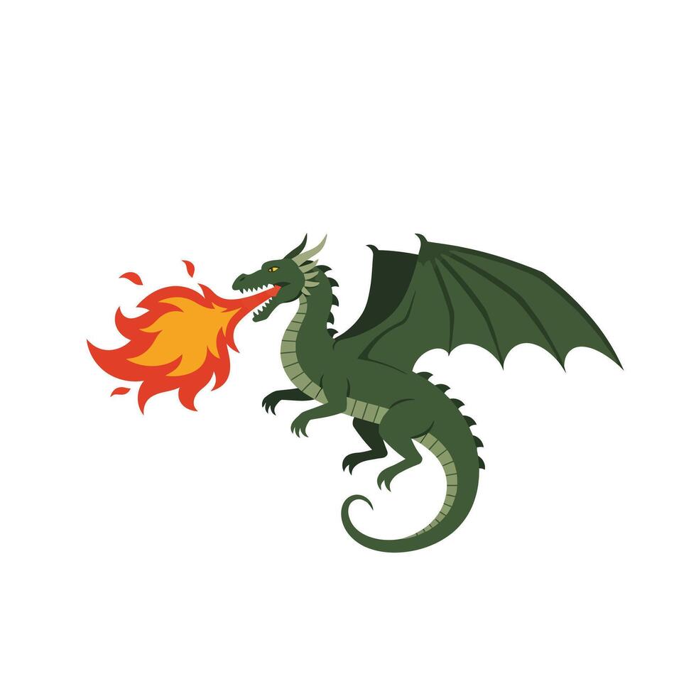 Green dragon breathing fire in flat design style art vector