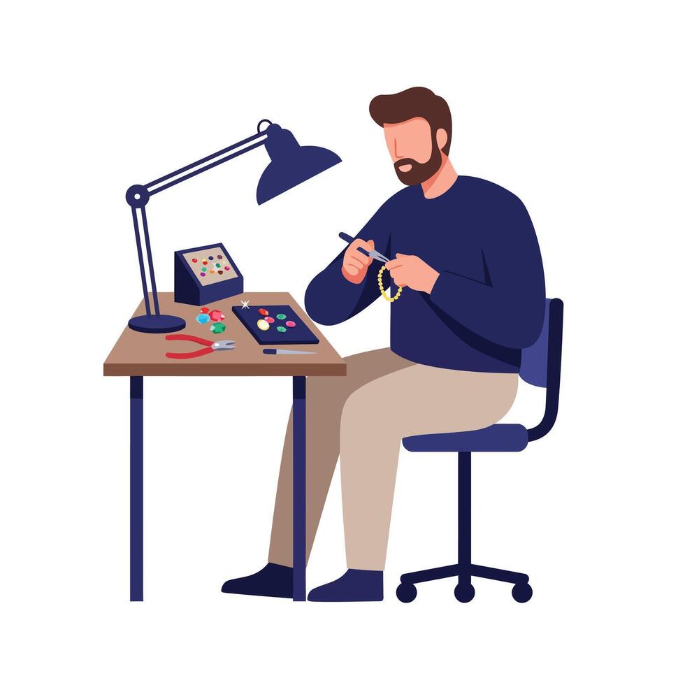 Man crafting jewelry at desk with tools in flat art style illustration vector