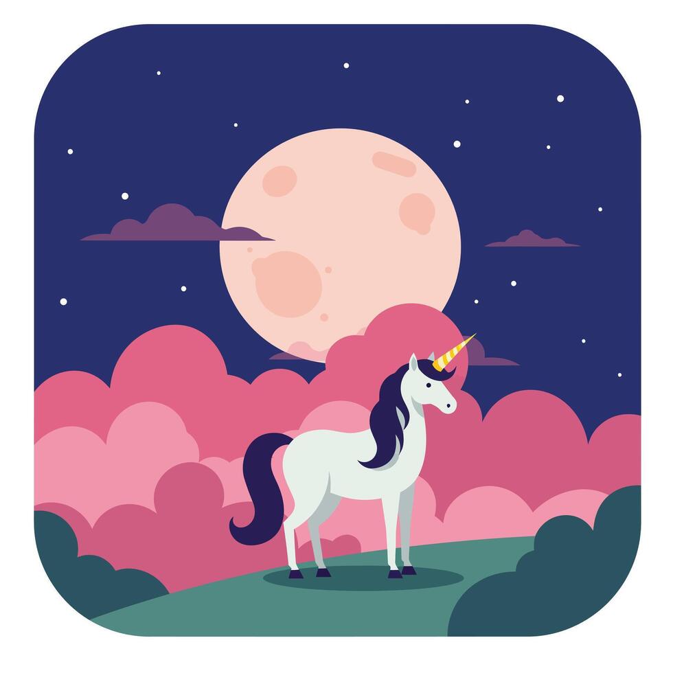 Magical unicorn standing on a hill under a full moon in flat art vector