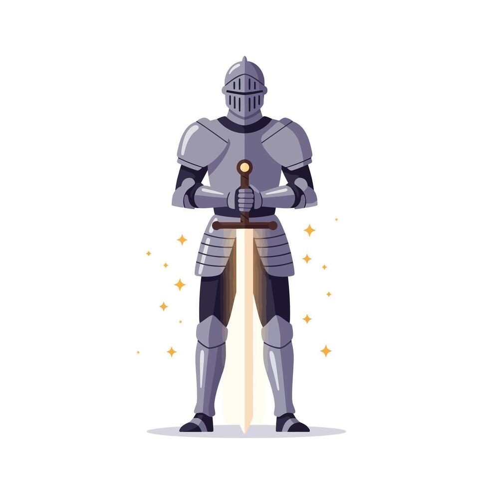 Knight in shining armor with sword glowing in flat art vector