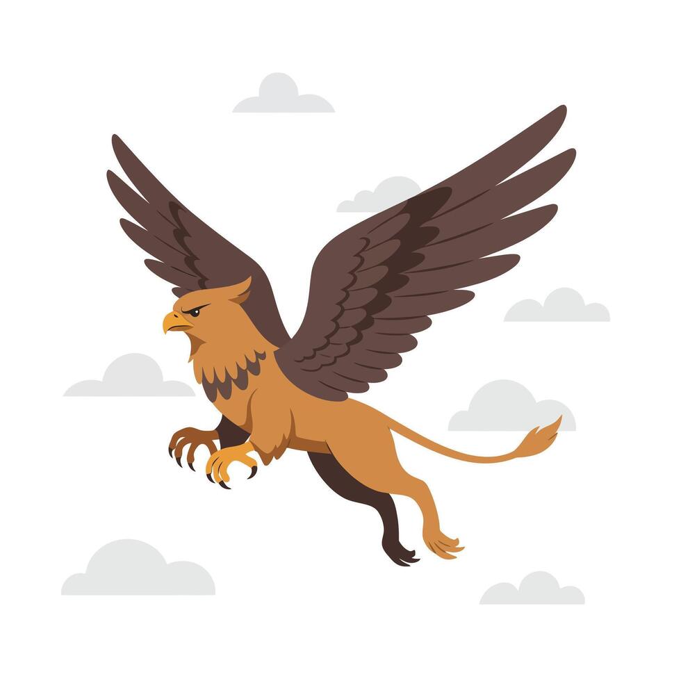 Majestic griffin soaring through the clouds in flat art design vector
