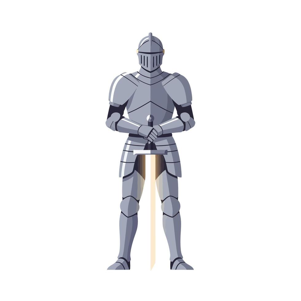 Knight in shining armor standing confidently with sword detailed illustration vector