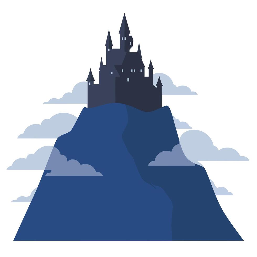 Dark castle perched on a mountain with clouds in a flat illustration vector
