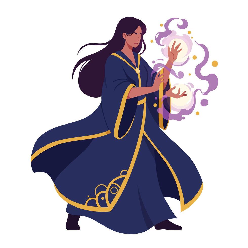 Enchanting female sorceress casting spells in flat design art vector
