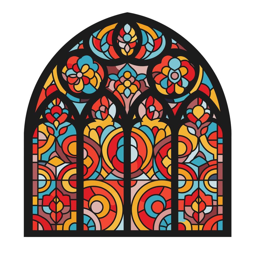 Vibrant stained glass window design in detailed flat style art vector