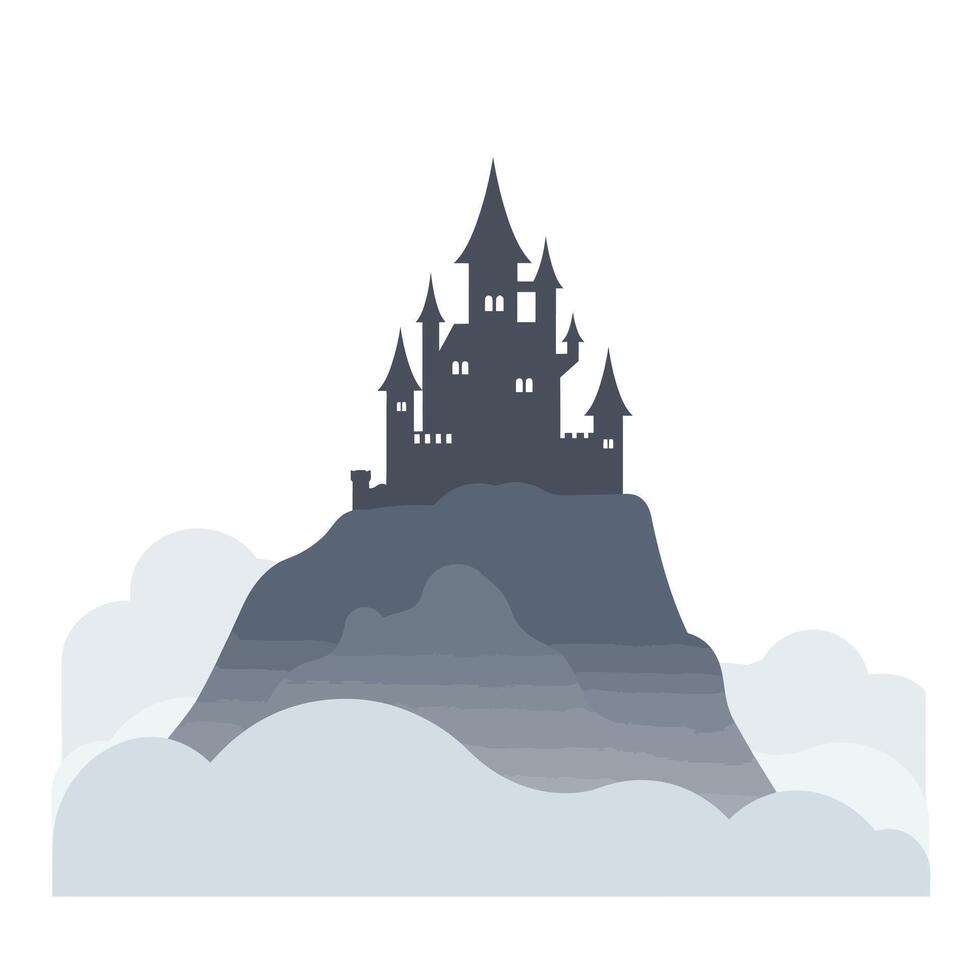 Dark castle silhouette on a mountain with clouds in flat art vector