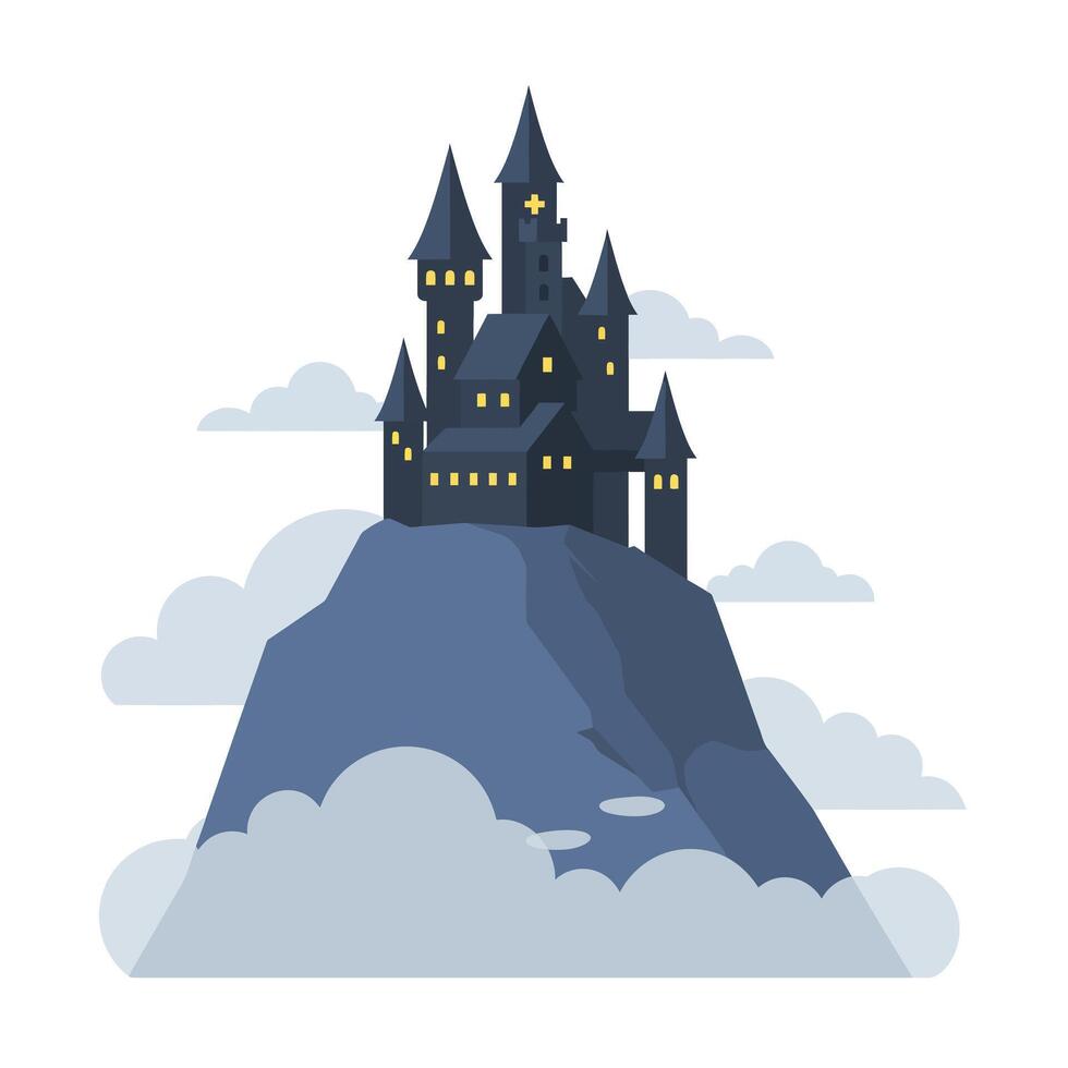 Dark castle on a mountain with clouds in flat art vector