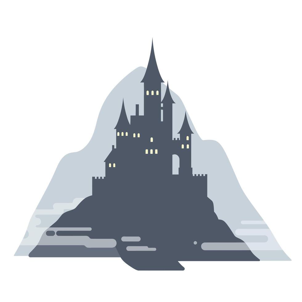 Dark castle silhouette on a mountain with soft colors in flat art vector