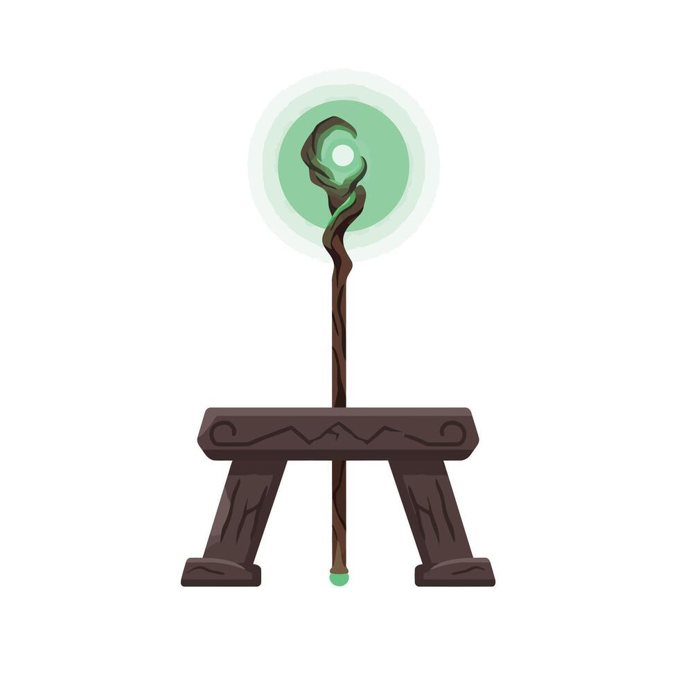 Magical staff with glowing orb displayed on a pedestal in flat art vector