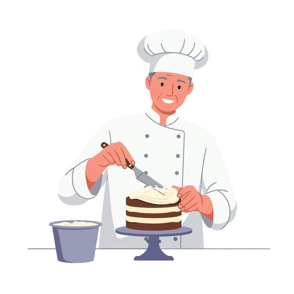 Chef decorating a chocolate cake in minimal style illustration vector