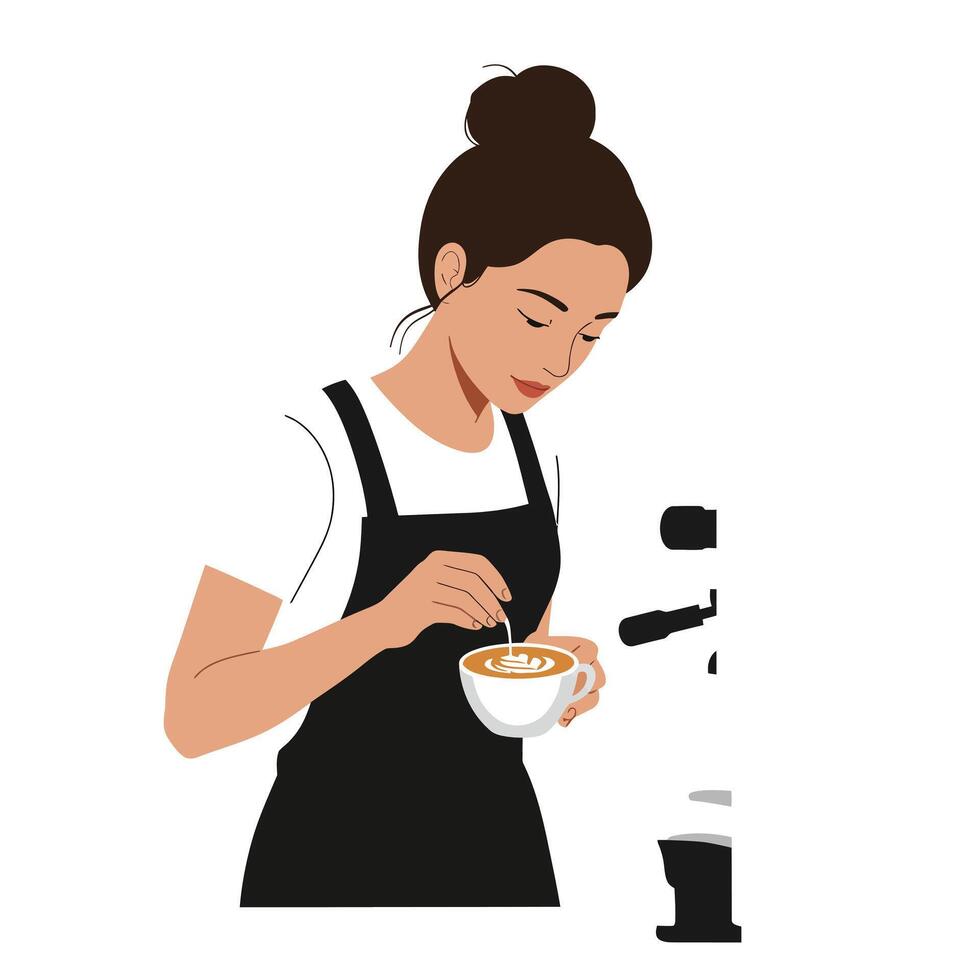 Coffee artisan preparing latte art in minimal flat illustration vector
