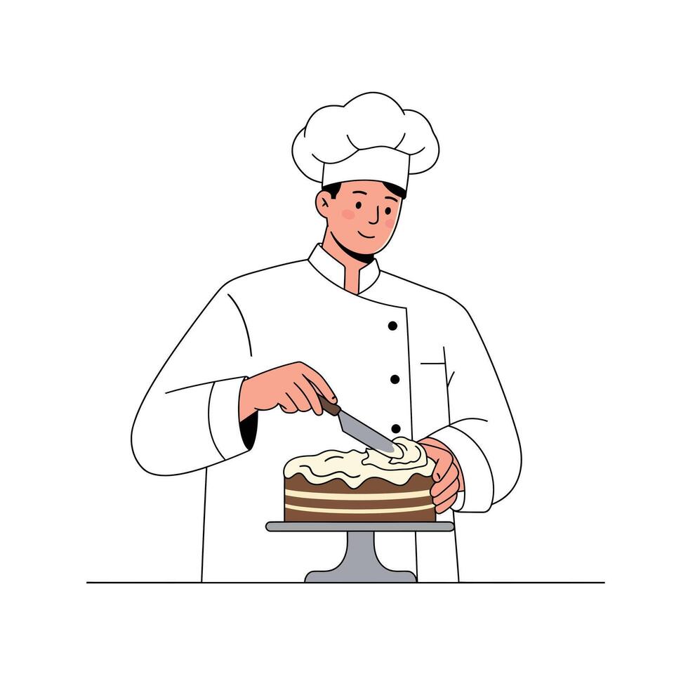 Pastry Chef Decorating Cake with Minimalist Style Illustration vector