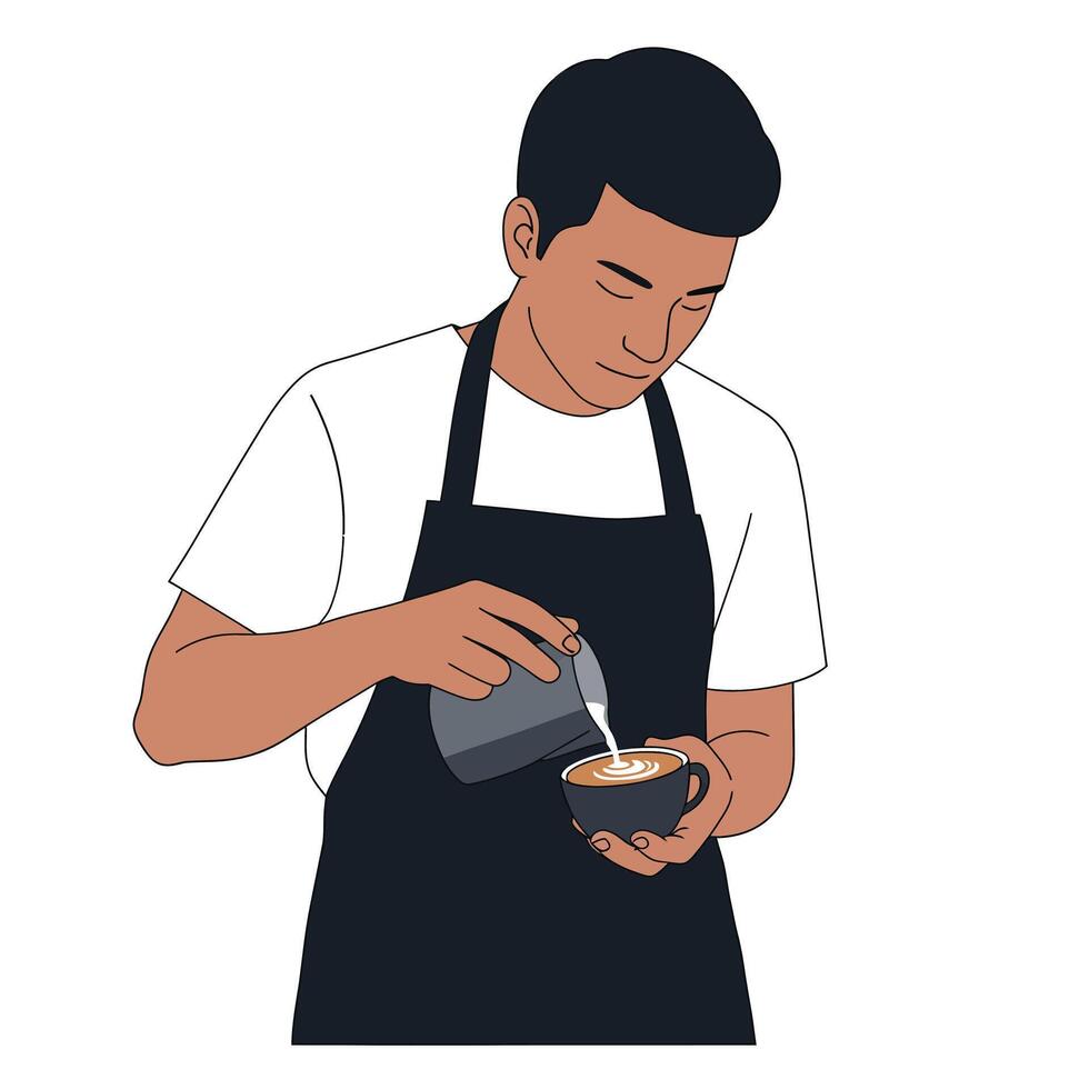 Person carefully pouring milk into coffee cup in flat art vector