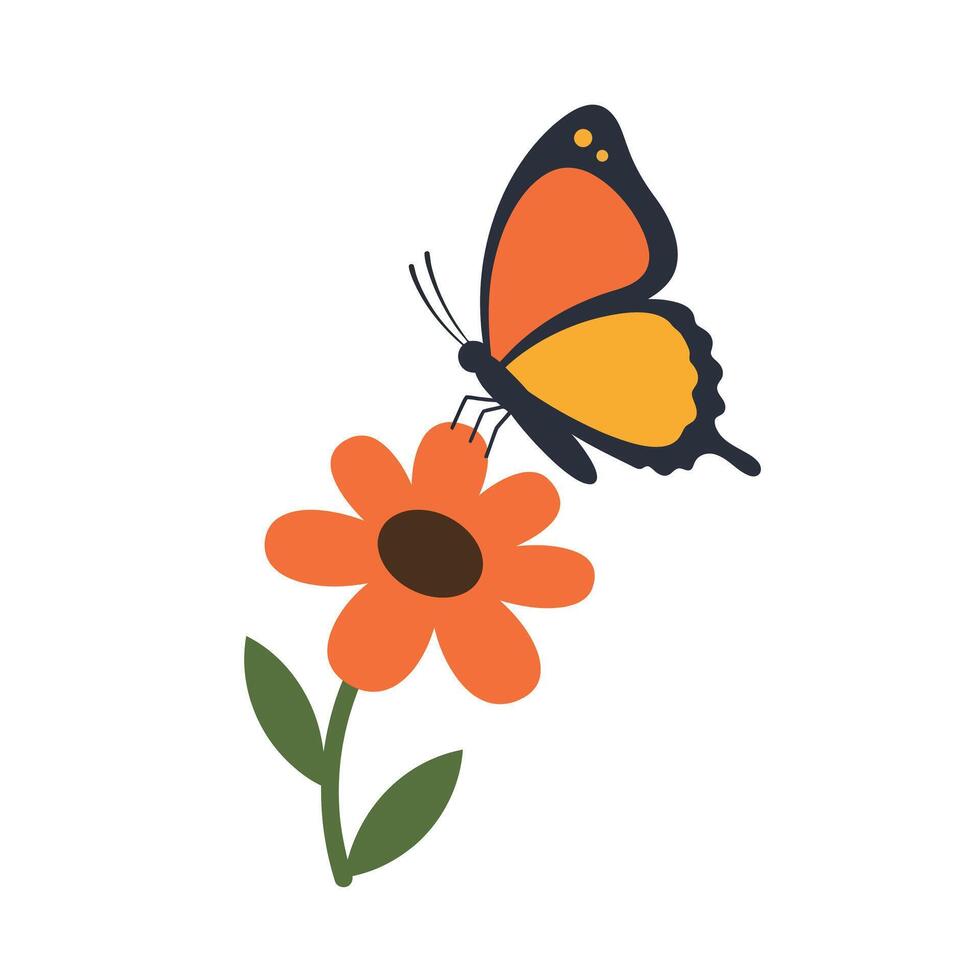 Butterfly landing on a vibrant flower in flat design art vector