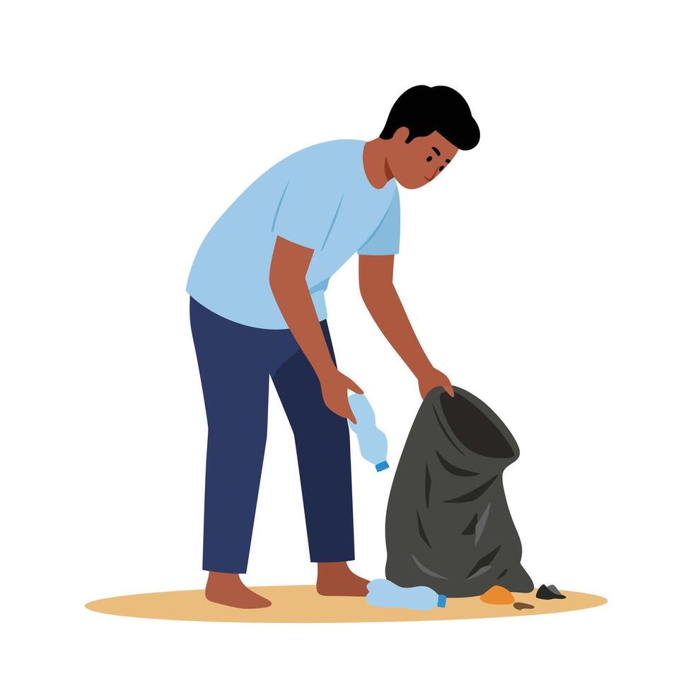 Person collecting litter in a park environment with flat art style illustration vector