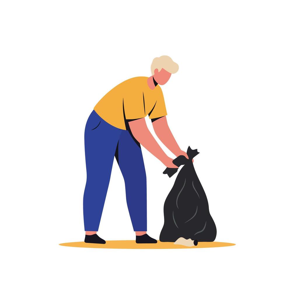 Person collecting trash in flat style art for environmental awareness and clean living vector