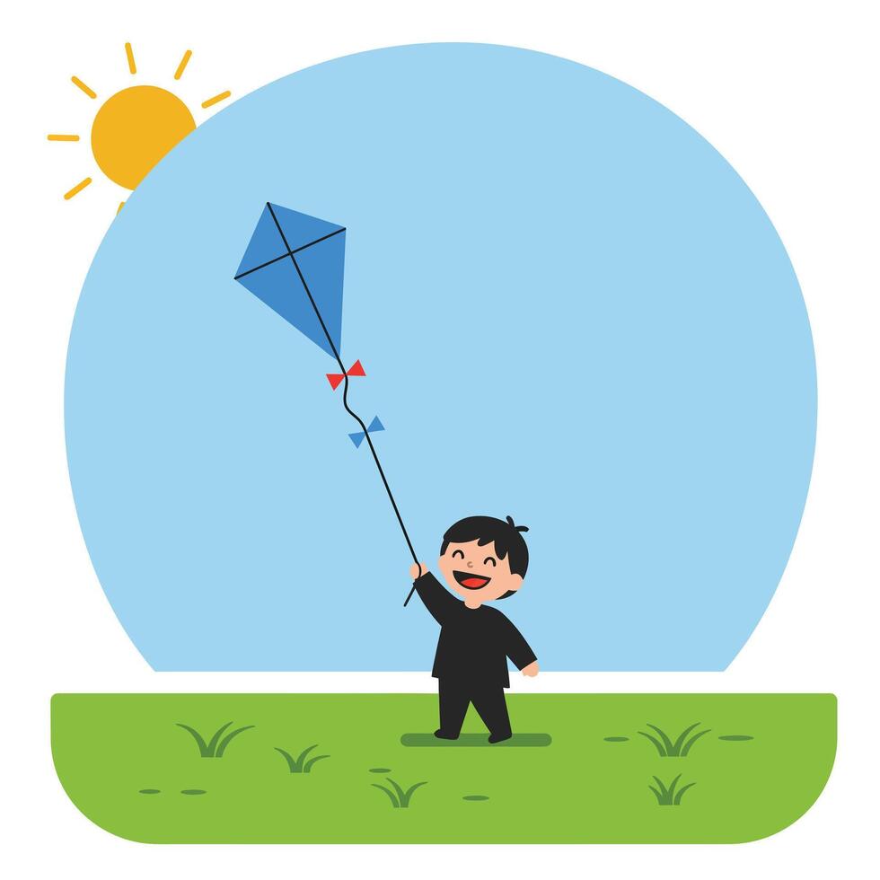 Happy child flying a kite in a bright sunny day flat illustration vector