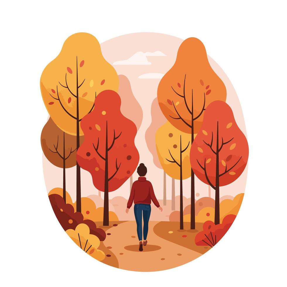 Person walking on a path surrounded by colorful autumn trees flat illustration vector