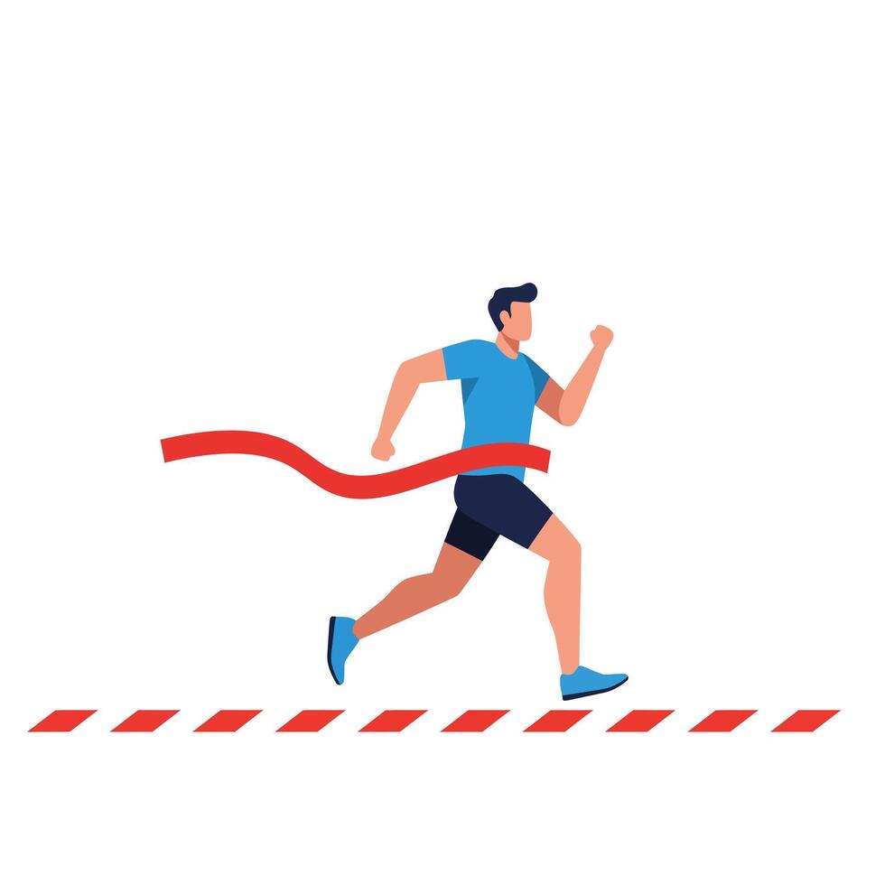 Runner crossing finish line with red ribbon in flat art style vector