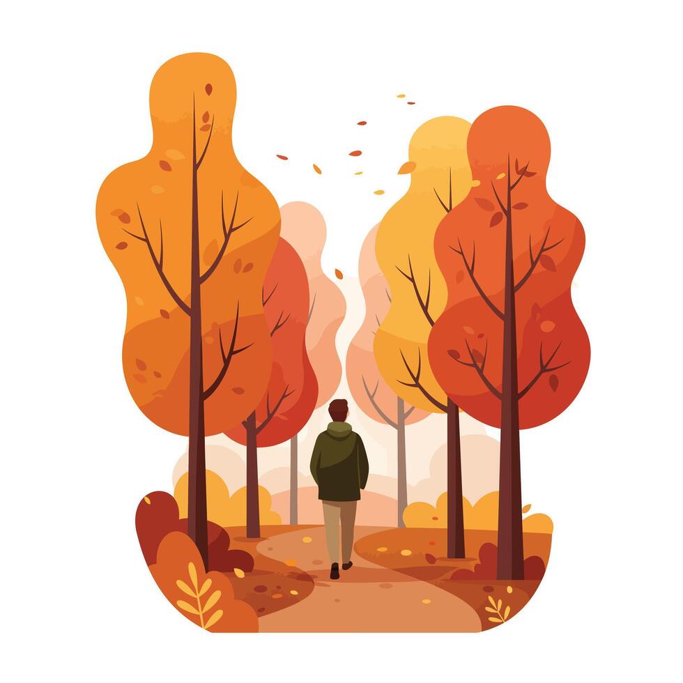 Person walking through colorful autumn trees in flat art vector