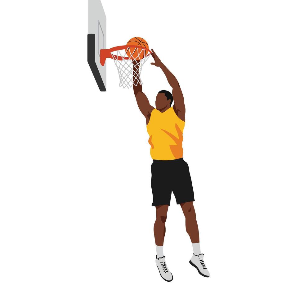 Basketball player performing a slam dunk in flat art style vector
