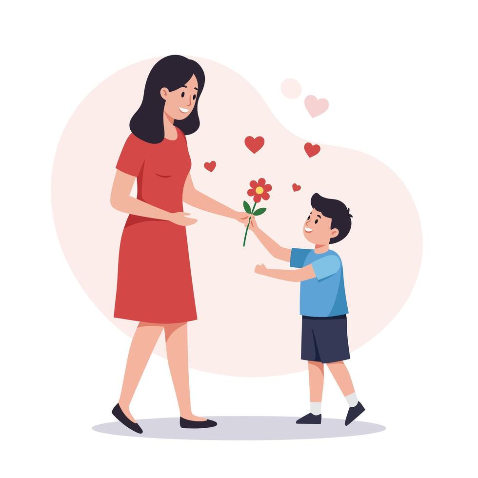 Child presenting flower to mother with hearts in flat illustration vector