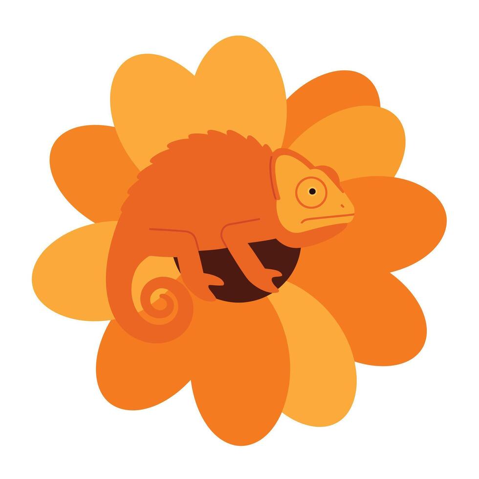 Chameleon sitting on an orange flower in flat art style illustration vector