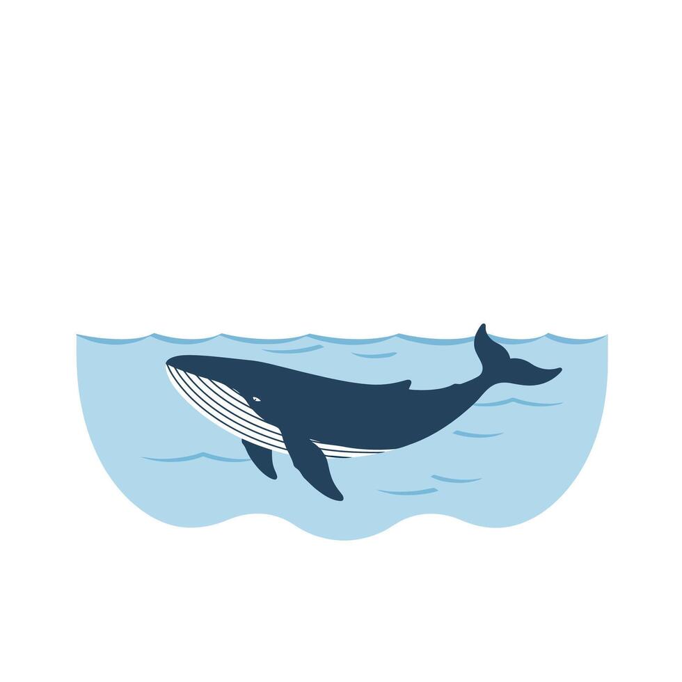 Whale swimming in blue water with flat design style art vector