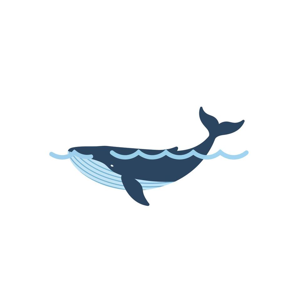 Blue whale swimming gracefully in ocean waves, flat design art vector