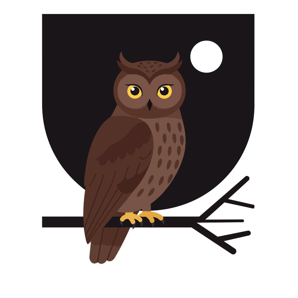 Detailed illustration of a brown owl perched on a branch in flat art vector