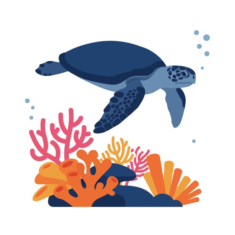 A Sea turtle swimming through colorful coral reef in flat art vector