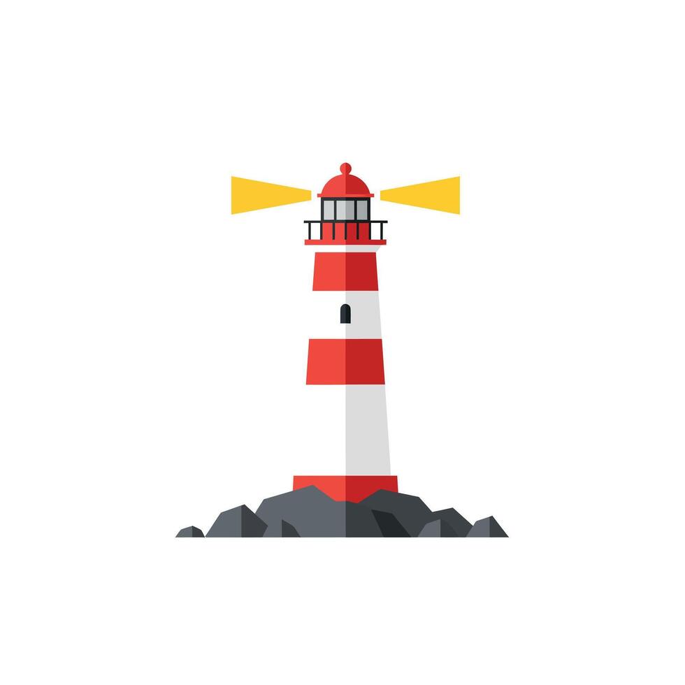 Striped lighthouse on rocks with bright beams in flat art vector