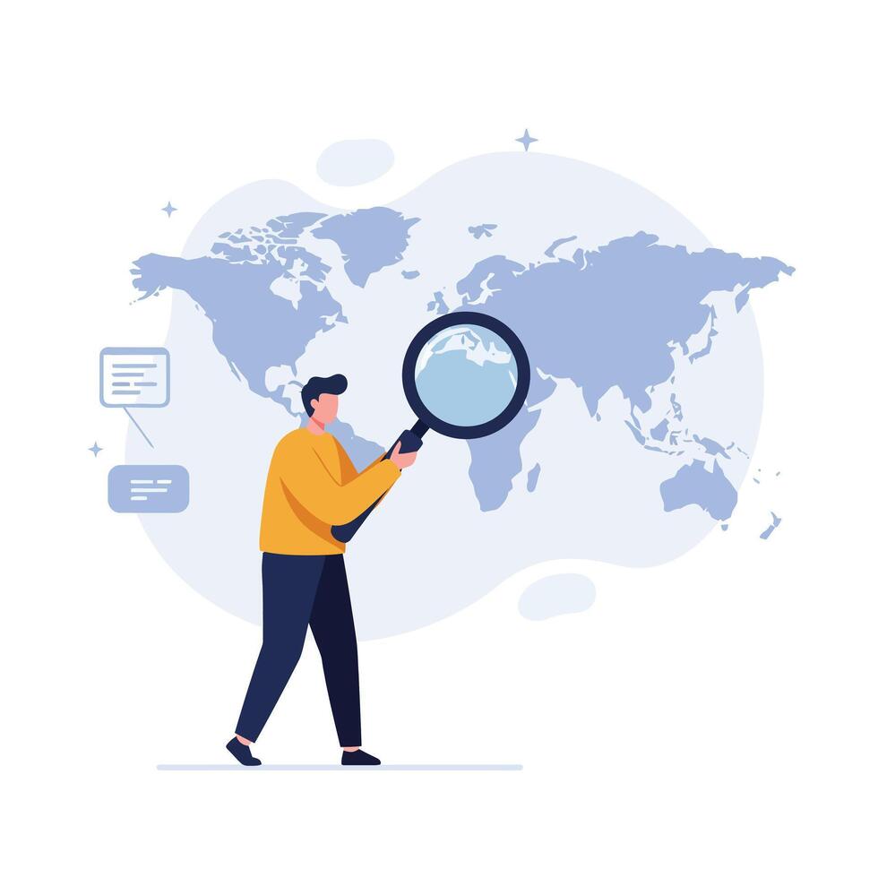 Person holding magnifying glass observing world map in flat art vector