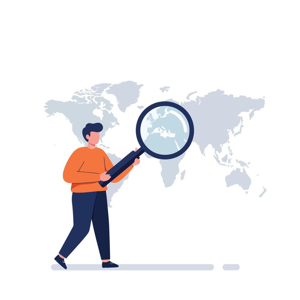 Person holding magnifying glass exploring world map in flat art vector