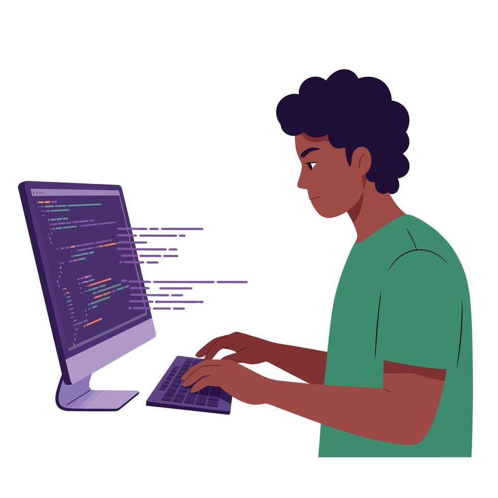 Young man coding at computer desk in flat art style vector
